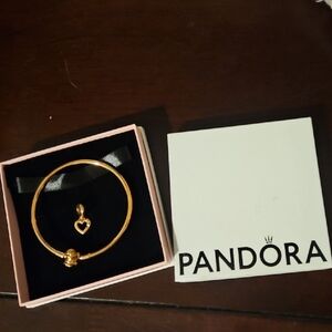 Pandora Gold Heart Dangle Bangle Bracelet